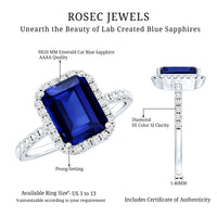 Certified 2.75 Carat Emerald Cut Lab Grown Blue Sapphire Engagement Ring with Diamond Halo