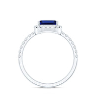 Certified 2.75 Carat Emerald Cut Lab Grown Blue Sapphire Engagement Ring with Diamond Halo