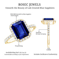 Certified 2.75 Carat Emerald Cut Lab Grown Blue Sapphire Engagement Ring with Diamond Halo