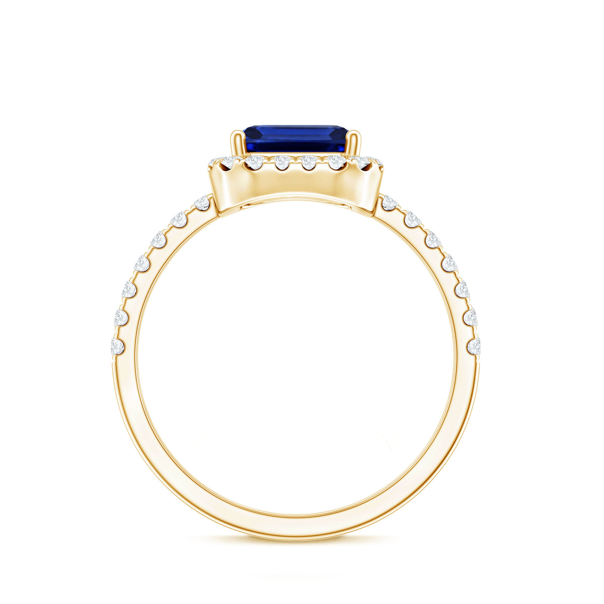 Certified 2.75 Carat Emerald Cut Lab Grown Blue Sapphire Engagement Ring with Diamond Halo