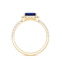 Certified 2.75 Carat Emerald Cut Lab Grown Blue Sapphire Engagement Ring with Diamond Halo