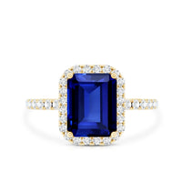 Certified 2.75 Carat Emerald Cut Lab Grown Blue Sapphire Engagement Ring with Diamond Halo