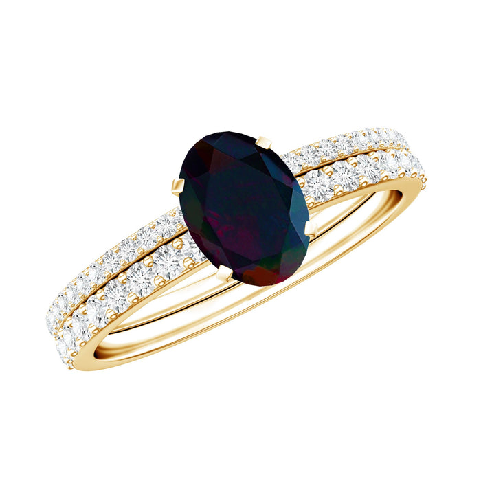 Rosec Jewels 0.9 carat oval cut black opal wedding ring set with diamonds, showcasing elegant design and sparkling accents.