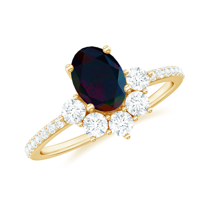 Oval black opal and diamond half halo engagement ring from Rosec Jewels showcasing a black opal center stone with diamond accents.