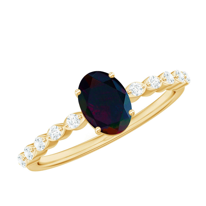 Oval black opal solitaire engagement ring with a diamond accent, crafted by Rosec Jewels.