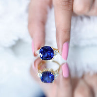 Certified 9 Carat Lab Grown Blue Sapphire Cushion Cut Engagement Ring with Diamond Trio