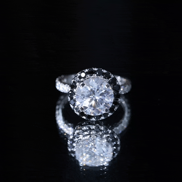 Certified 4.4 carat Moissanite halo engagement ring with lab black diamond, featuring yellow gold band and intricate design.