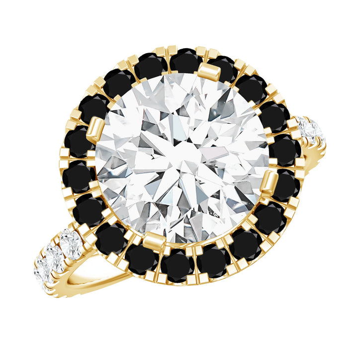 Certified 4.4 carat moissanite halo engagement ring with lab black diamond, featuring intricate design and sparkling gemstones.