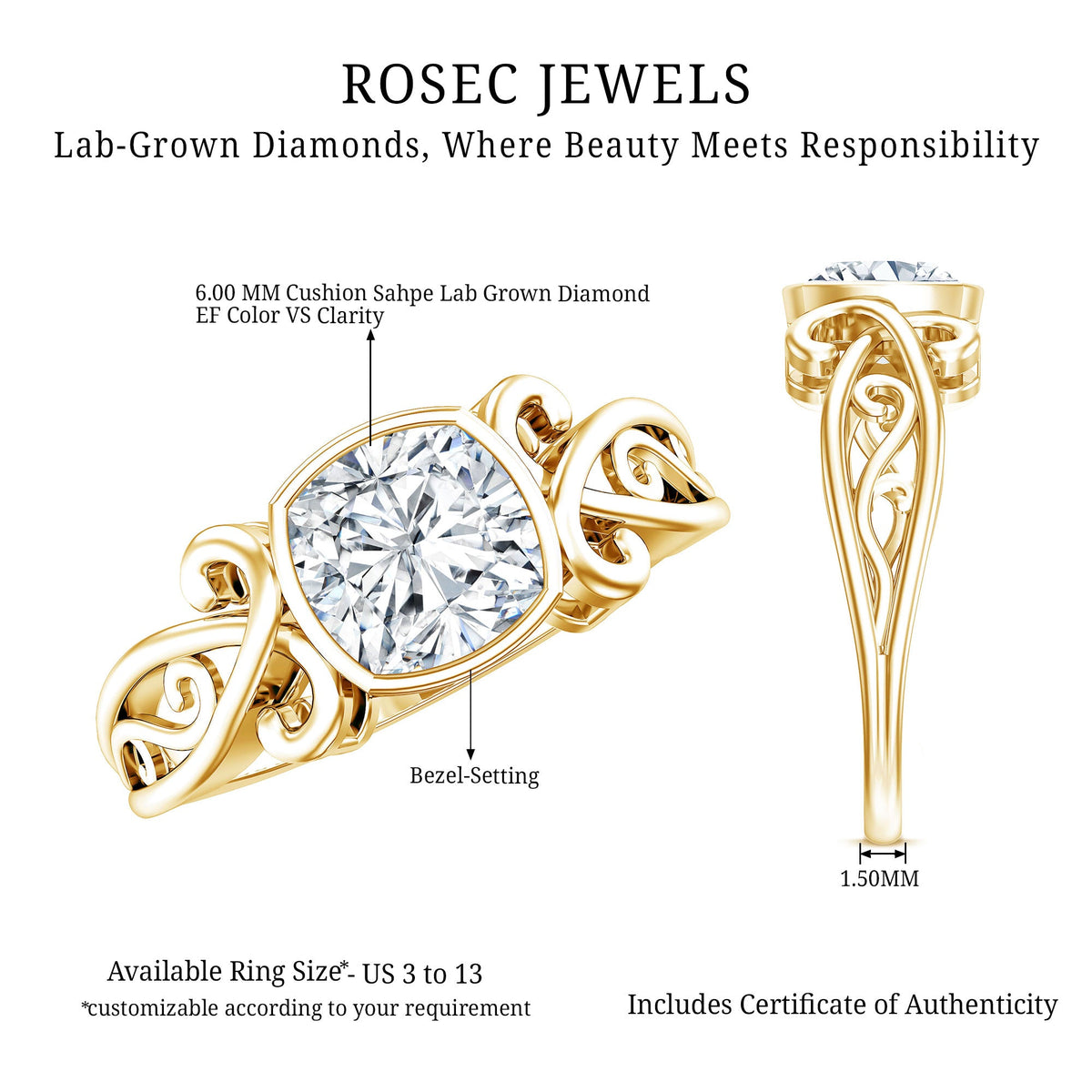 1 Carat Lab Grown Diamond Cushion Engagement Ring