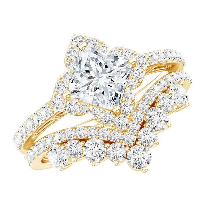 Rosec Jewels 1.25 Carat princess cut lab-grown diamond bridal ring set with intricate design and matching bands.