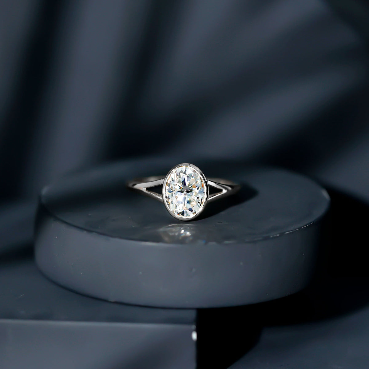 Bezel Set Oval Lab Created Diamond Solitaire Ring For Women