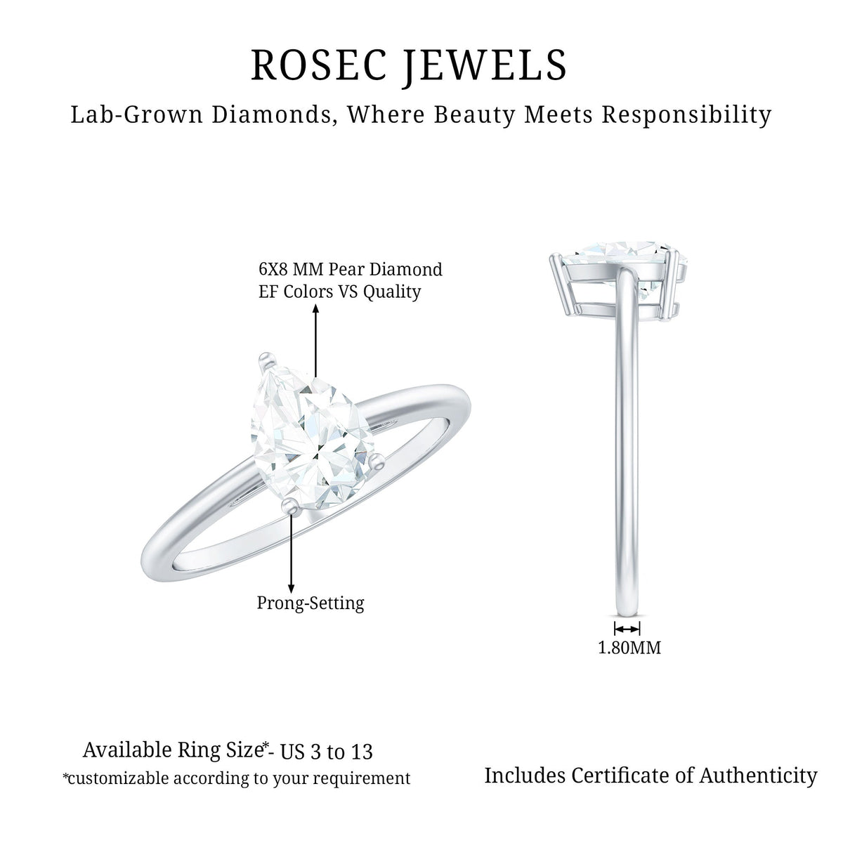 Single Stone Lab Grown Diamond Pear Engagement Ring