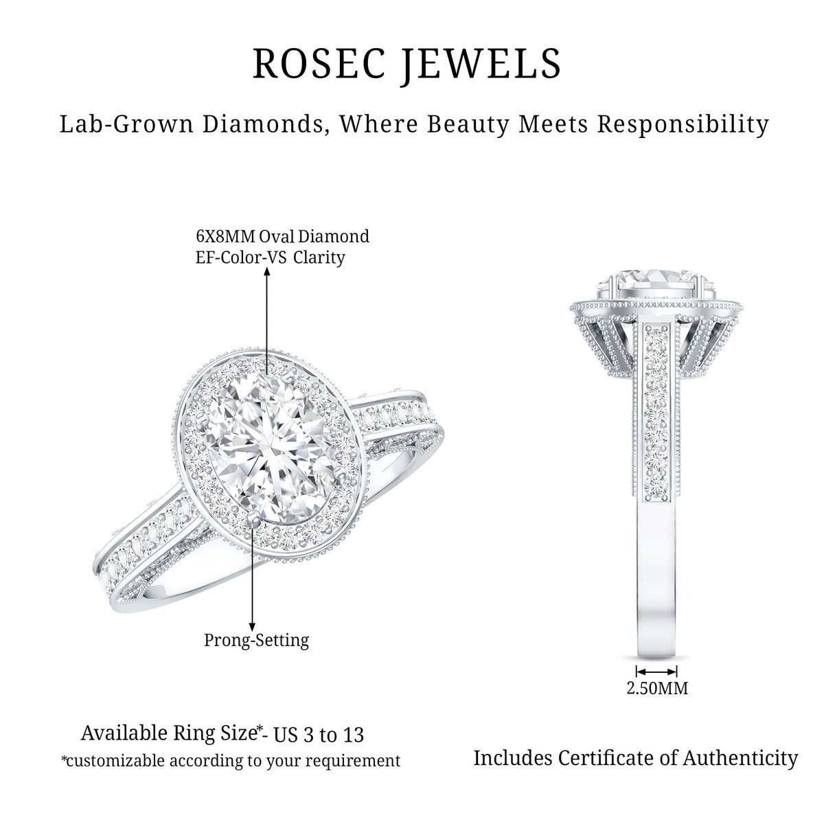 6X8 mm Oval Lab Grown Diamond Halo Engagement Ring