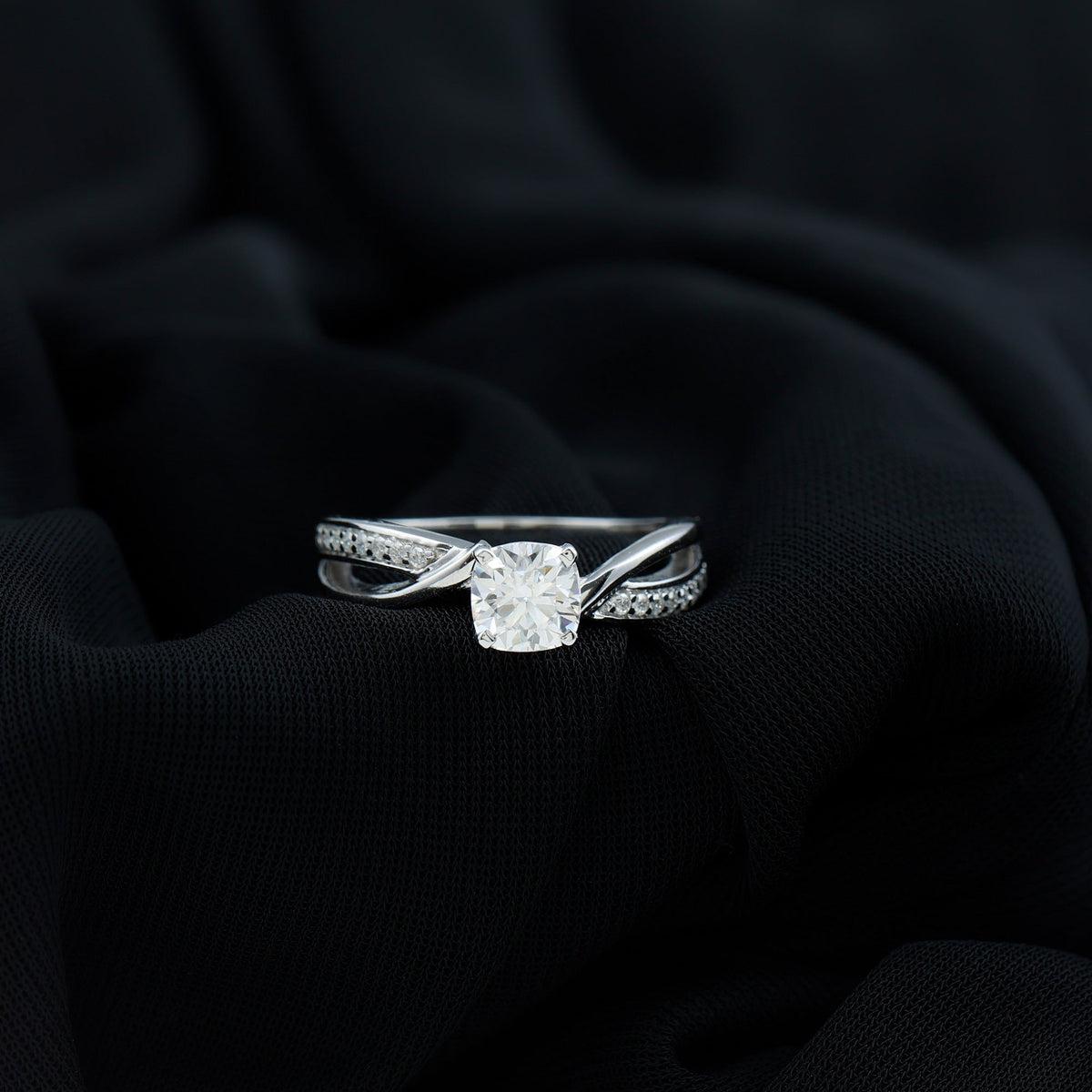 Cushion Cut Diamond Infinity Solitaire Ring with Side Stones