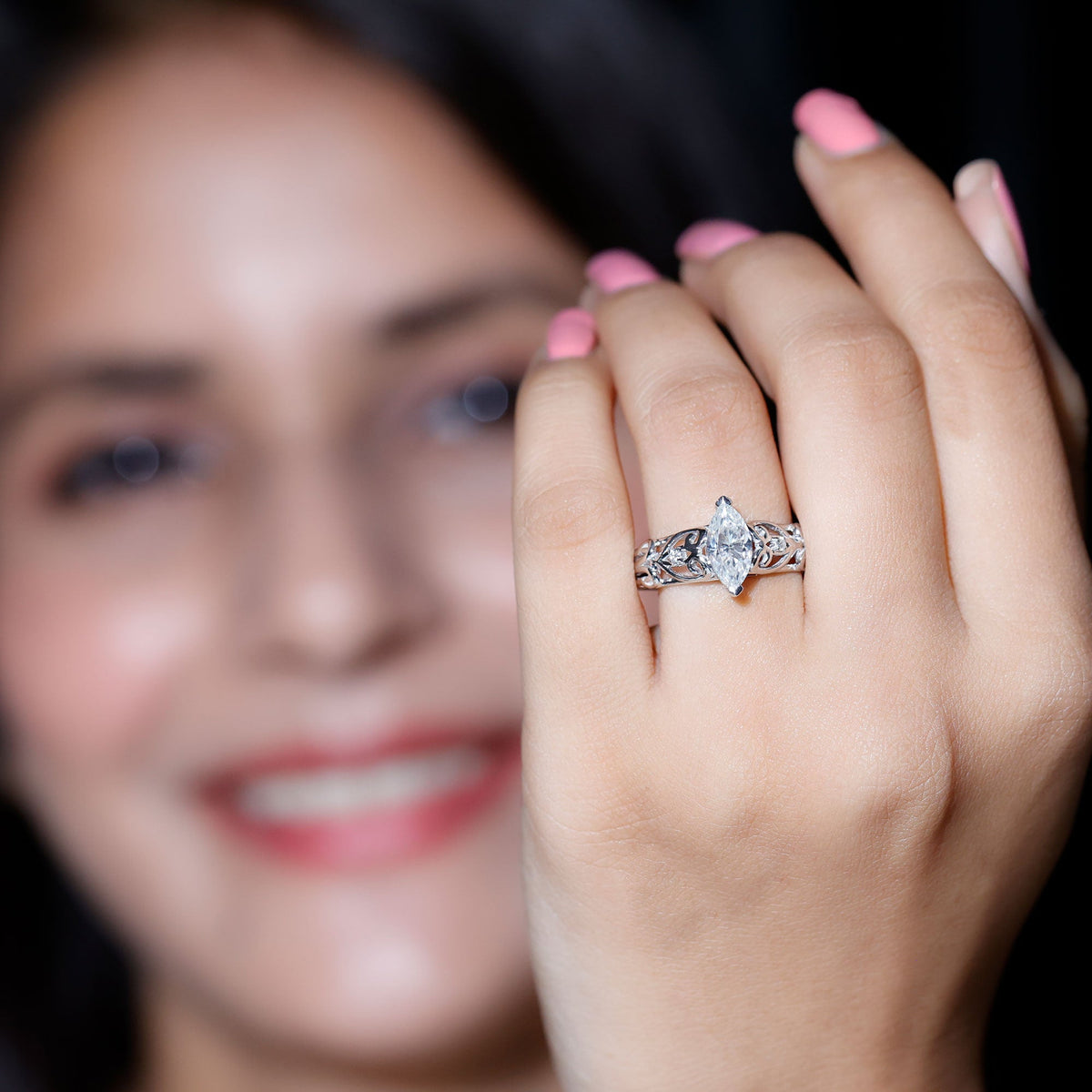 Marquise Cut Lab Grown Diamond Solitaire Filigree Engagement Ring