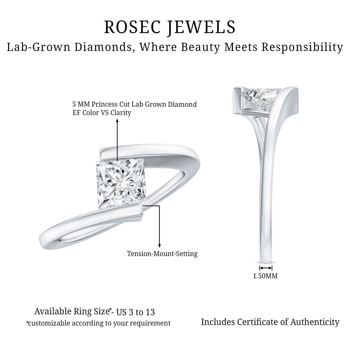 5 mm Princess Cut Lab Grown Diamond Ring With Tension Setting