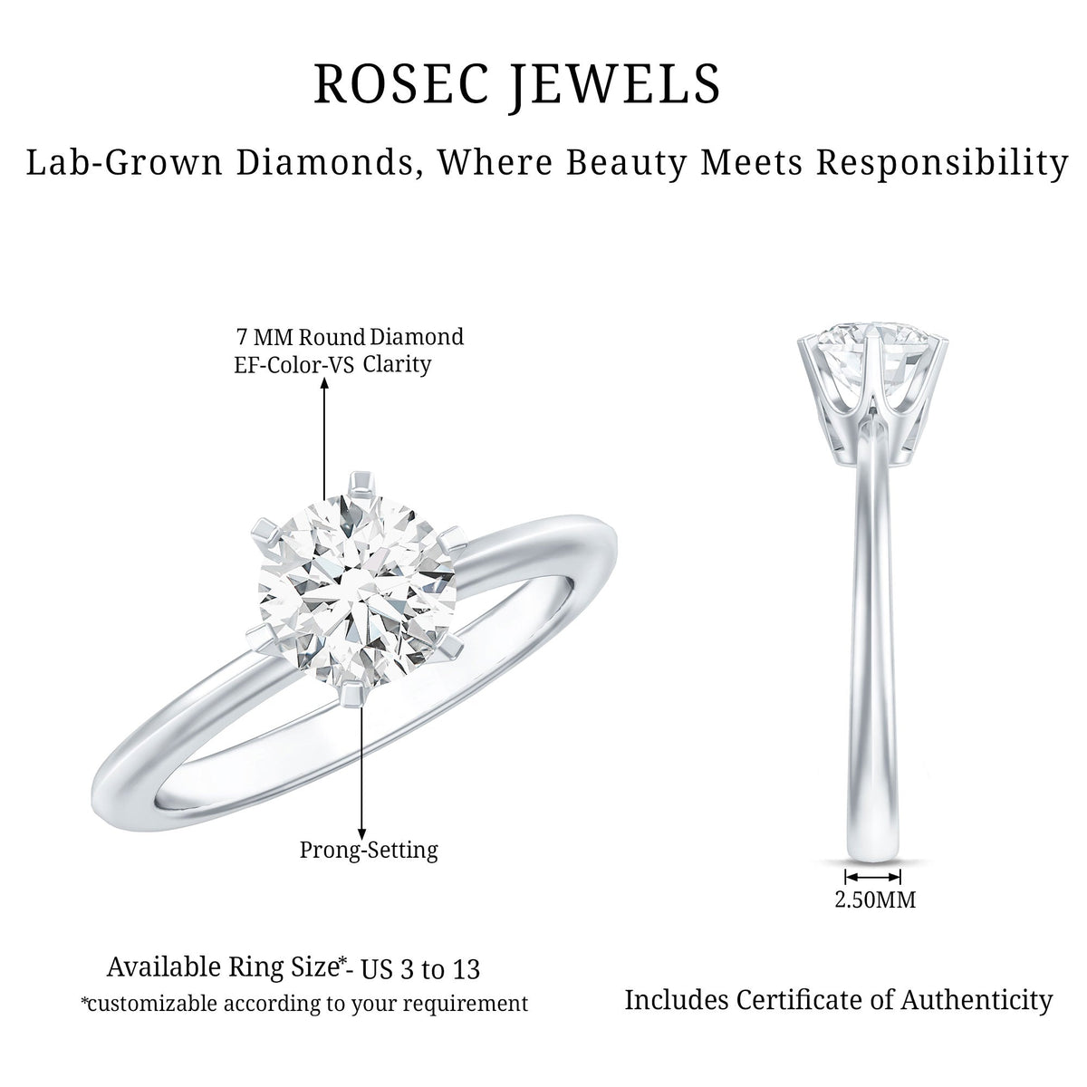Brilliant Cut Lab Grown Diamond Solitaire Engagement Ring With 6 Prongs