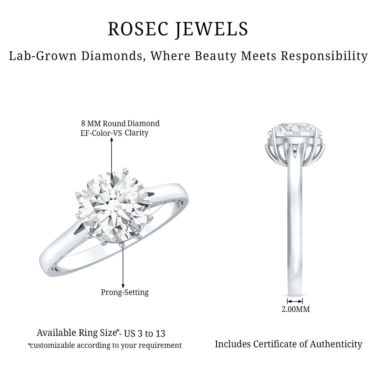 Lab Grown Diamond 8mm Round Engagement Ring With Certificate