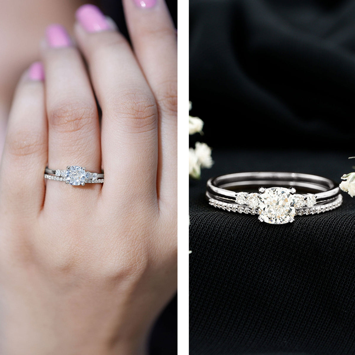 Lab Grown Diamond 6 MM Cushion Engagement Ring with Wedding band