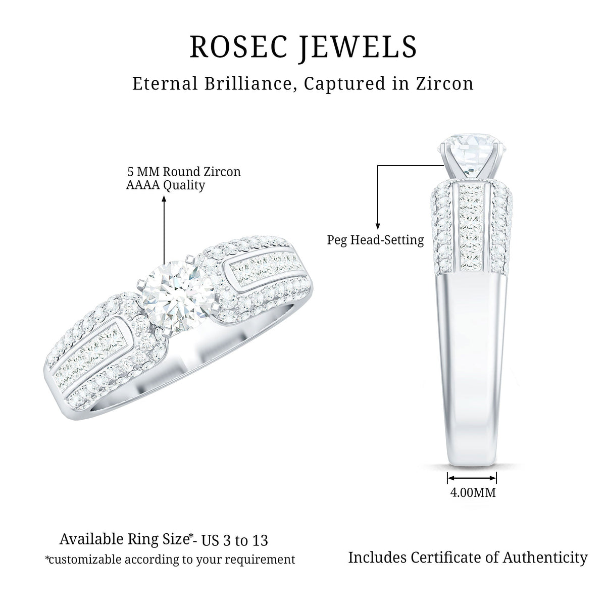 Rosec Jewels 0.5 carat cubic zirconia statement engagement ring with a sparkling central stone and elegant band.