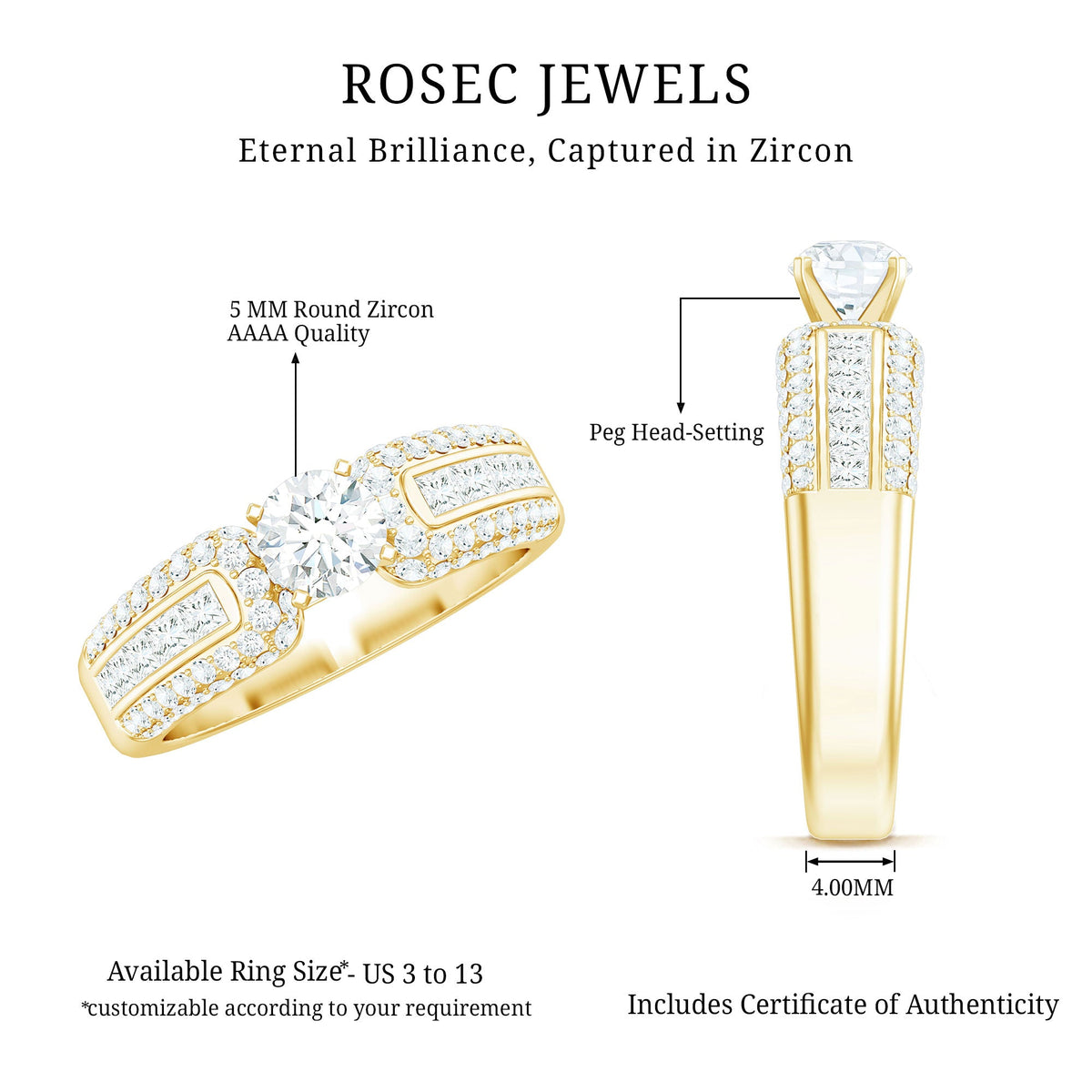 Rosec Jewels 0.5 carat cubic zirconia statement engagement ring with a sparkling central stone and intricate band design.