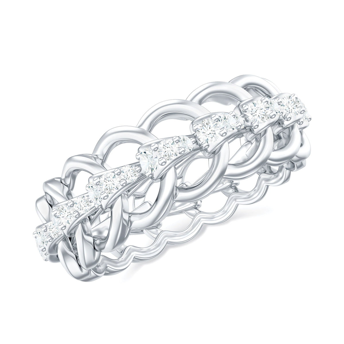 Silver moissanite eternity wedding ring for women with sparkling stones, by Rosec Jewels, showcasing a continuous gemstone band.