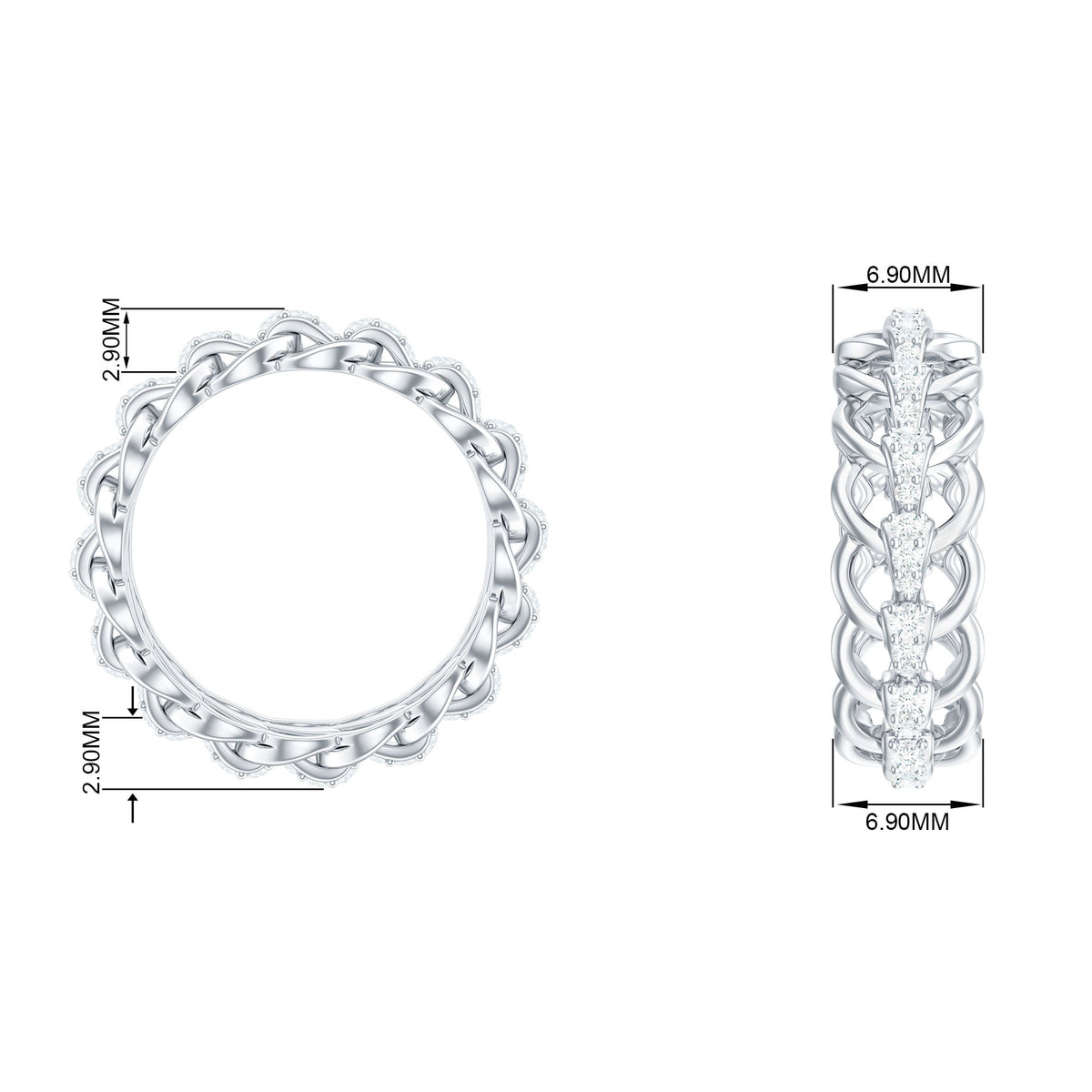 Rosec Jewels certified moissanite eternity wedding band for women, featuring a continuous row of sparkling stones on a sleek ring.