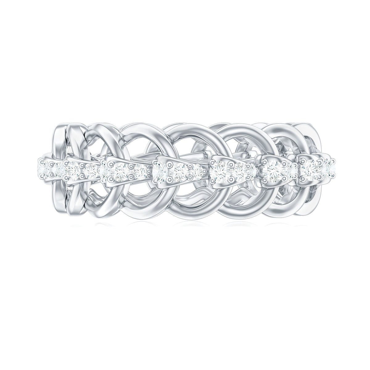 Certified Moissanite eternity wedding band for women with sparkling stones, crafted by Rosec Jewels, shown on a white background.