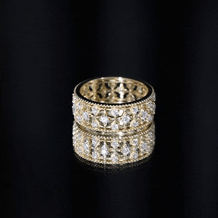 Yellow gold designer moissanite wedding band ring by Rosec Jewels, showcasing sparkling gemstone and elegant craftsmanship.