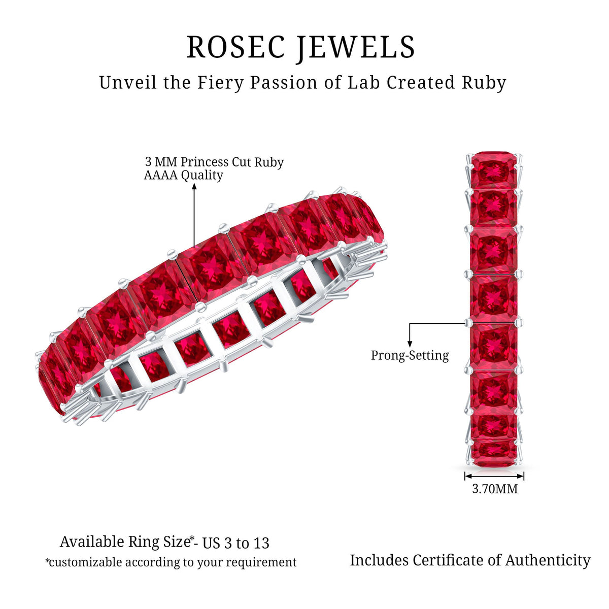 Princess cut lab grown ruby eternity wedding band for women by Rosec Jewels, with sparkling ruby stones across the ring.