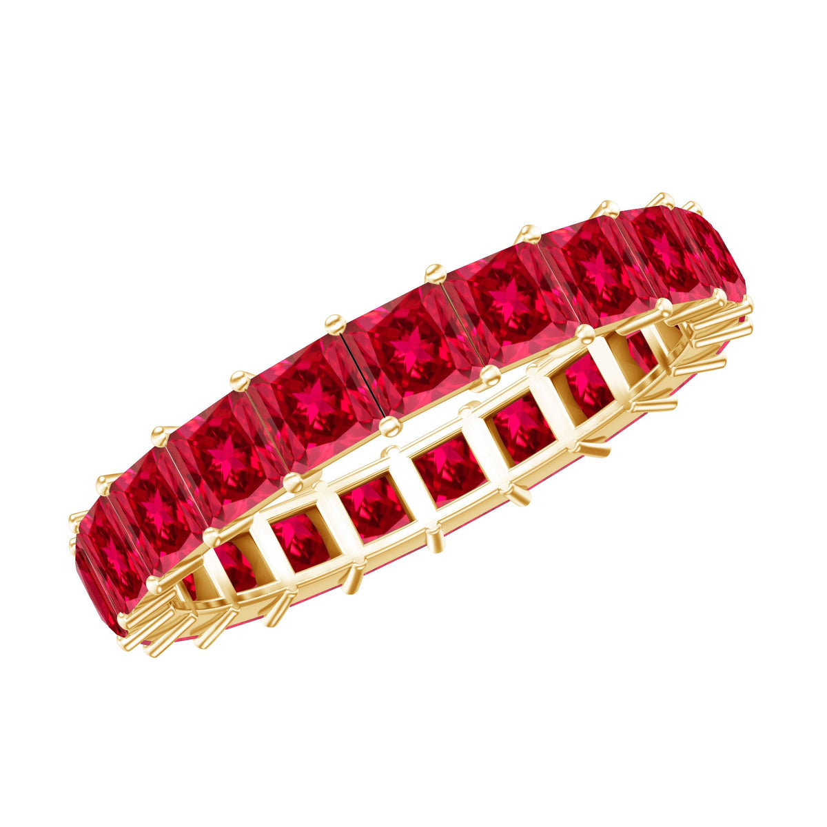 Rosec Jewels princess cut lab-grown ruby eternity wedding band for women, showcasing sparkling ruby stones in a continuous ring.