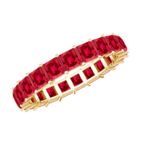 Rosec Jewels princess cut lab-grown ruby eternity wedding band for women, showcasing sparkling ruby stones in a continuous ring.