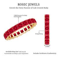 Rosec Jewels princess cut lab-grown ruby eternity wedding ring for women, showcasing sparkling ruby stones in a continuous band.