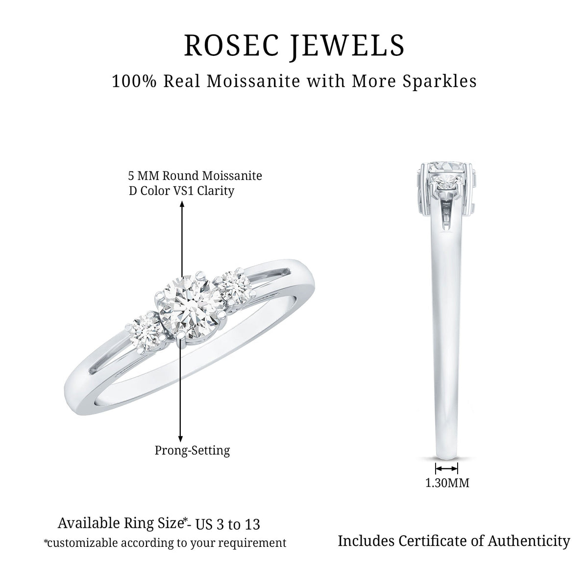 Certified Moissanite 3-stone proposal ring for her, featuring sparkling gemstones set in a elegant Rosec Jewels ring design.