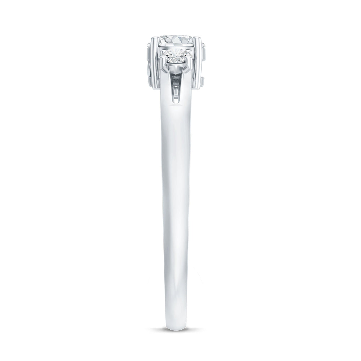 Rosec Jewels certified moissanite 3-stone proposal ring for her, featuring sparkling stones and elegant design.