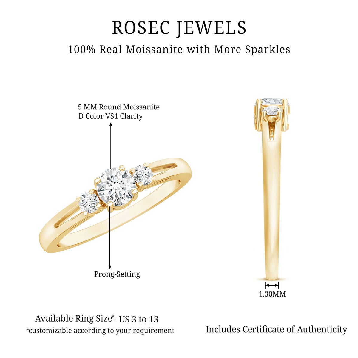 Certified Moissanite 3 Stone Proposal Ring for Her by Rosec Jewels, featuring three sparkling moissanite stones set in a elegant ring design.