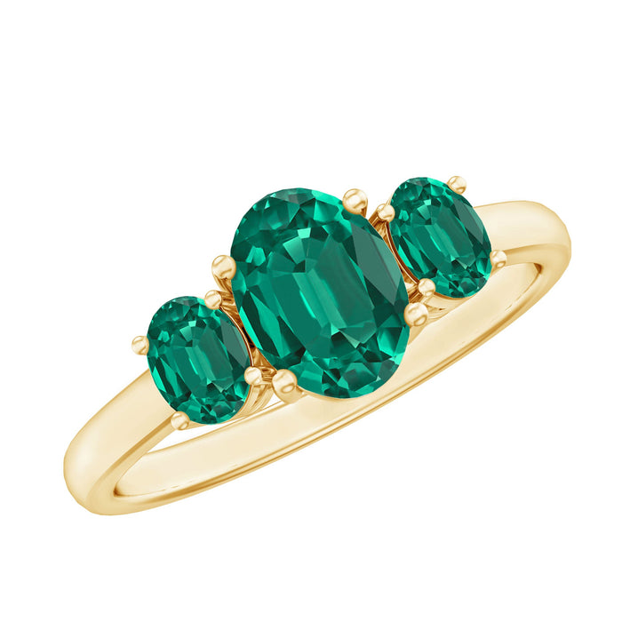 Rosec Jewels AAAA quality oval cut lab-created emerald three-stone ring for women, showcasing sparkling emerald stones and elegant design.