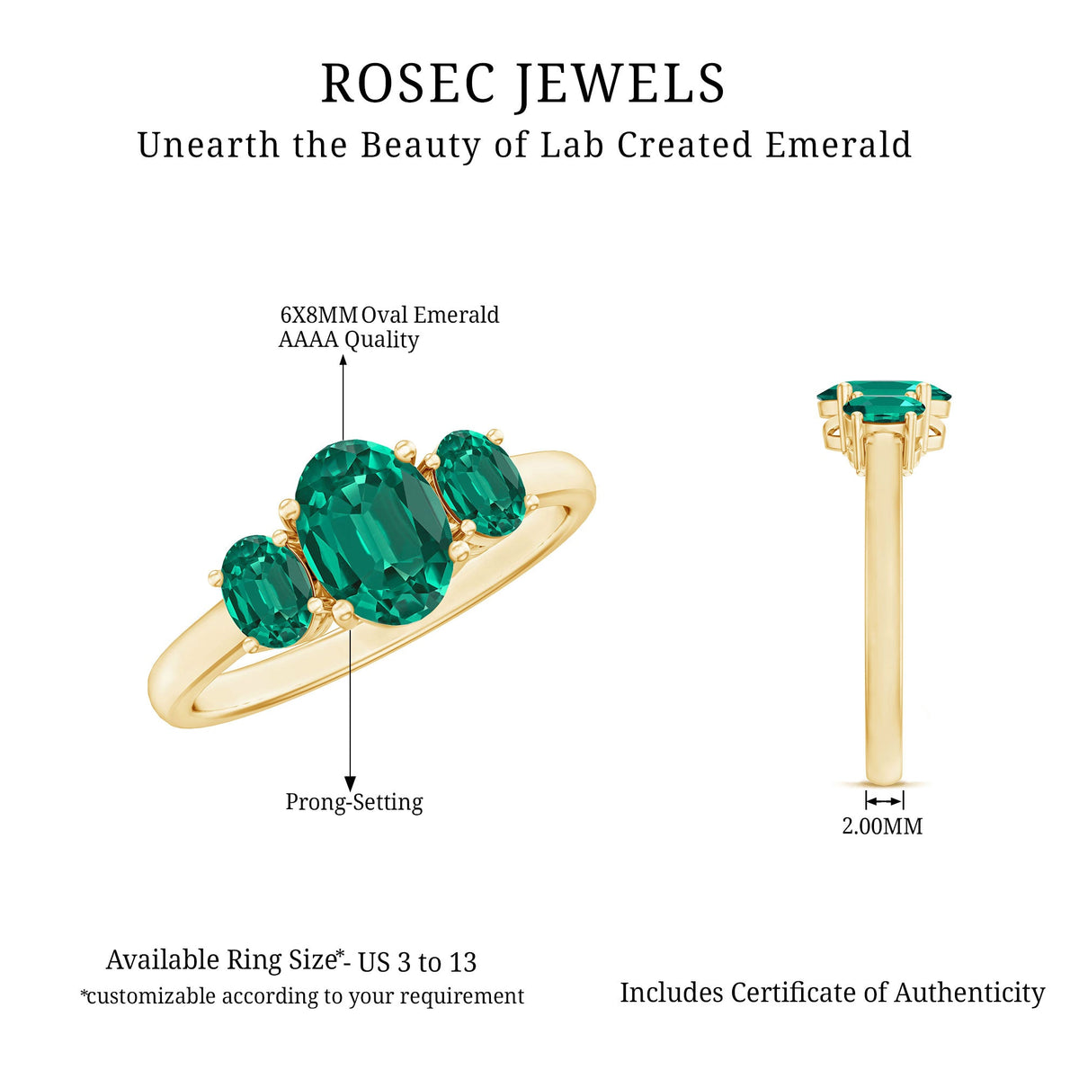 AAAA Quality Oval Cut Lab Created Emerald Three Stone Ring for Women