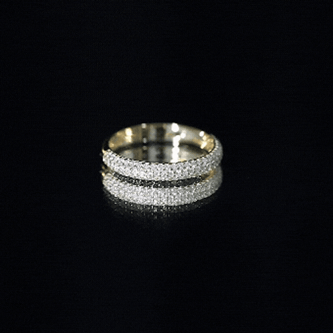 Yellow gold brilliant cut round moissanite band ring for women by Rosec Jewels, showcasing sparkling gemstones and elegant design.