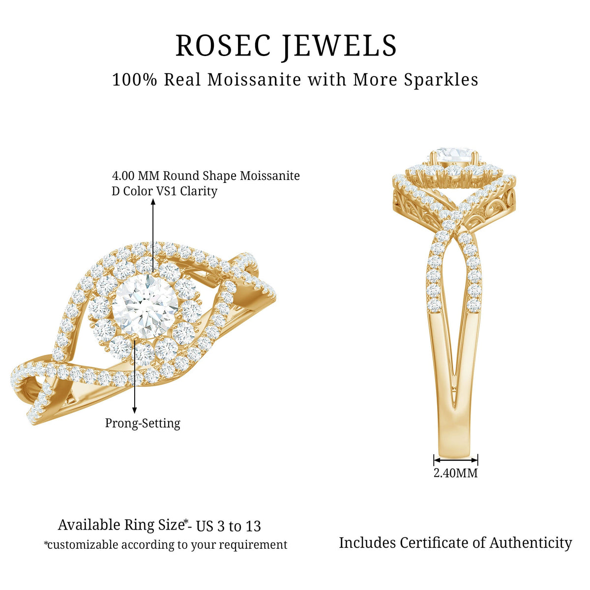 Certified Moissanite Crossover Engagement Ring with Halo