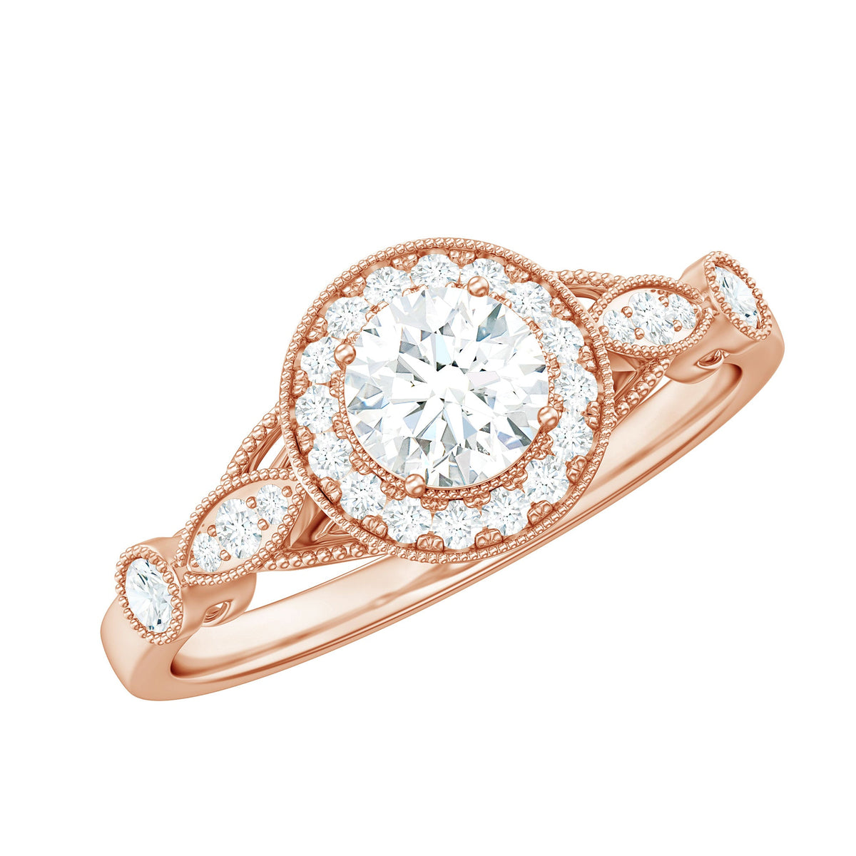 Round cut moissanite antique engagement ring with detailed band and vintage design from Rosec Jewels.