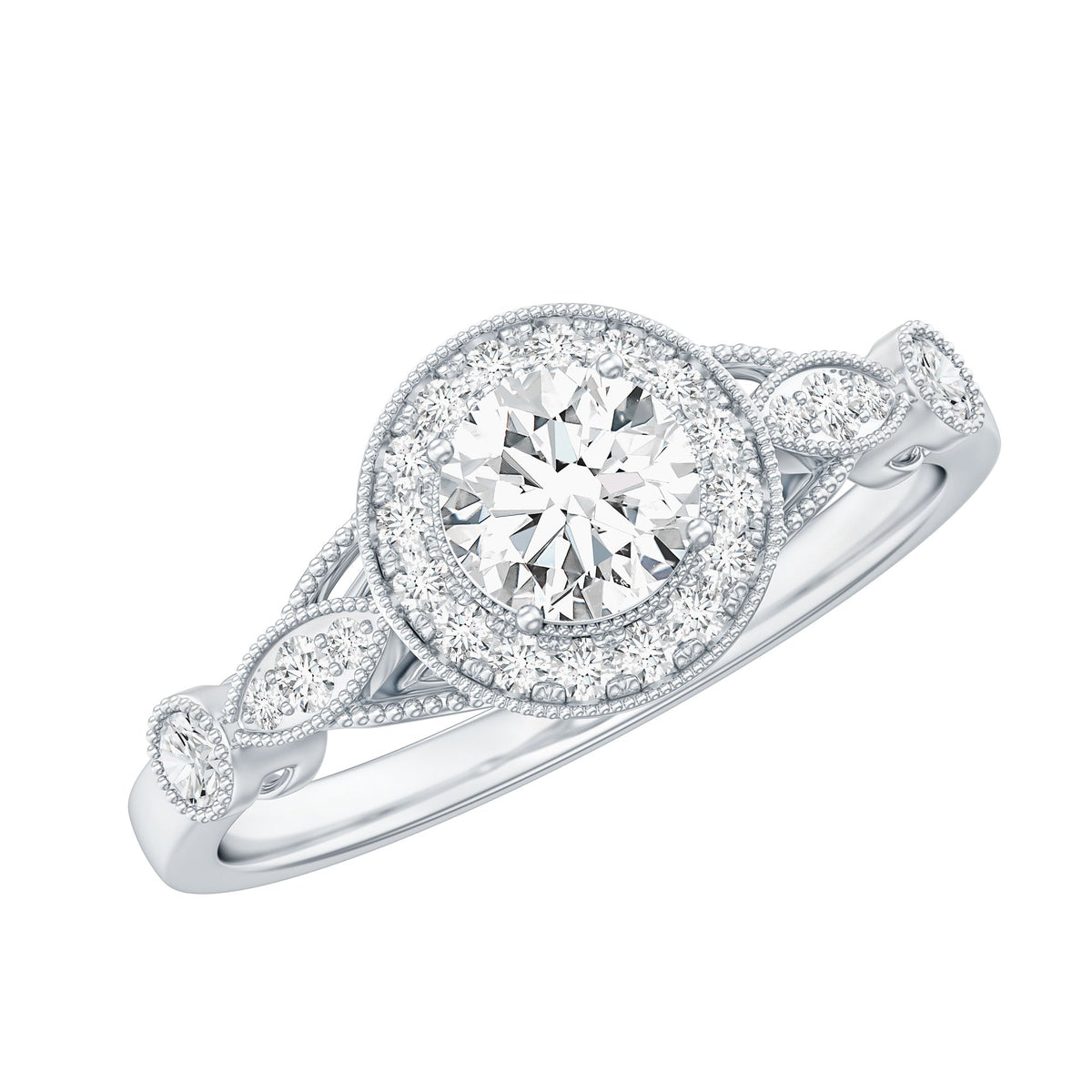 Round cut moissanite antique engagement ring by Rosec Jewels with intricate vintage detailing and a polished gold band.