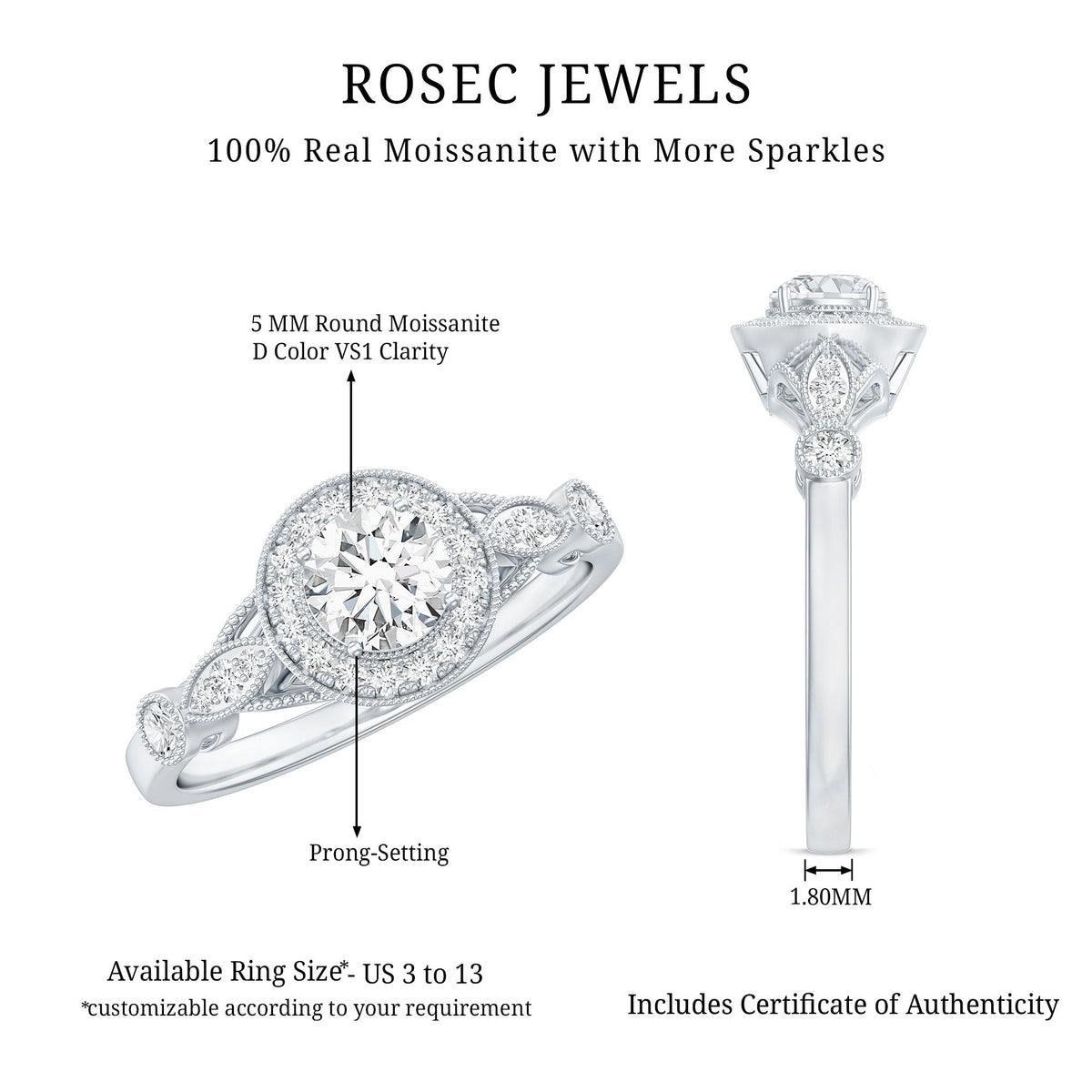 Round cut moissanite antique engagement ring featuring detailed vintage design, set in a classic ring style by Rosec Jewels.