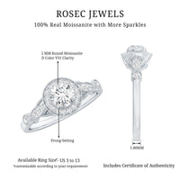 Round cut moissanite antique engagement ring featuring detailed vintage design, set in a classic ring style by Rosec Jewels.