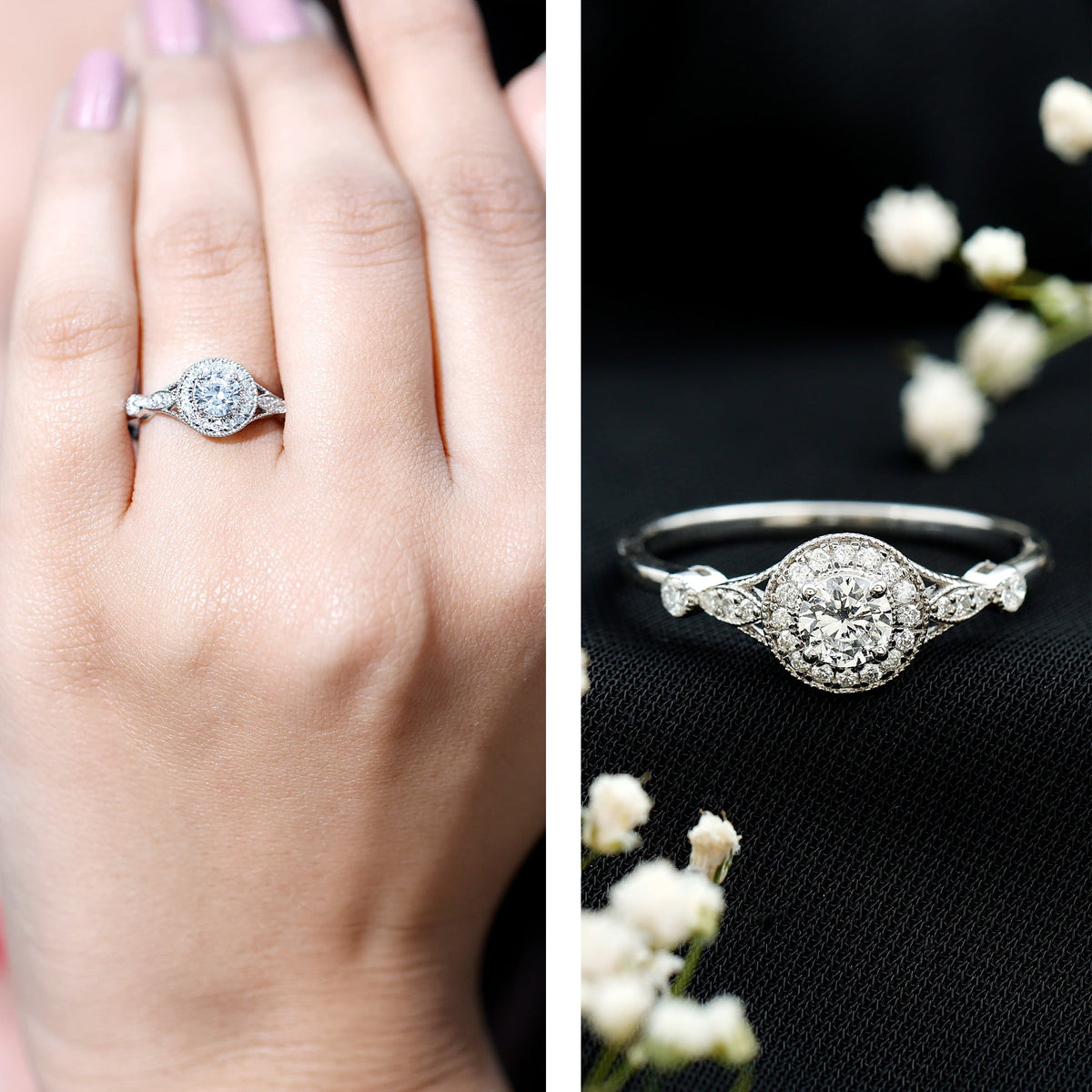 Round cut moissanite antique engagement ring with intricate design from Rosec Jewels, showcasing the sparkling center stone and vintage style.