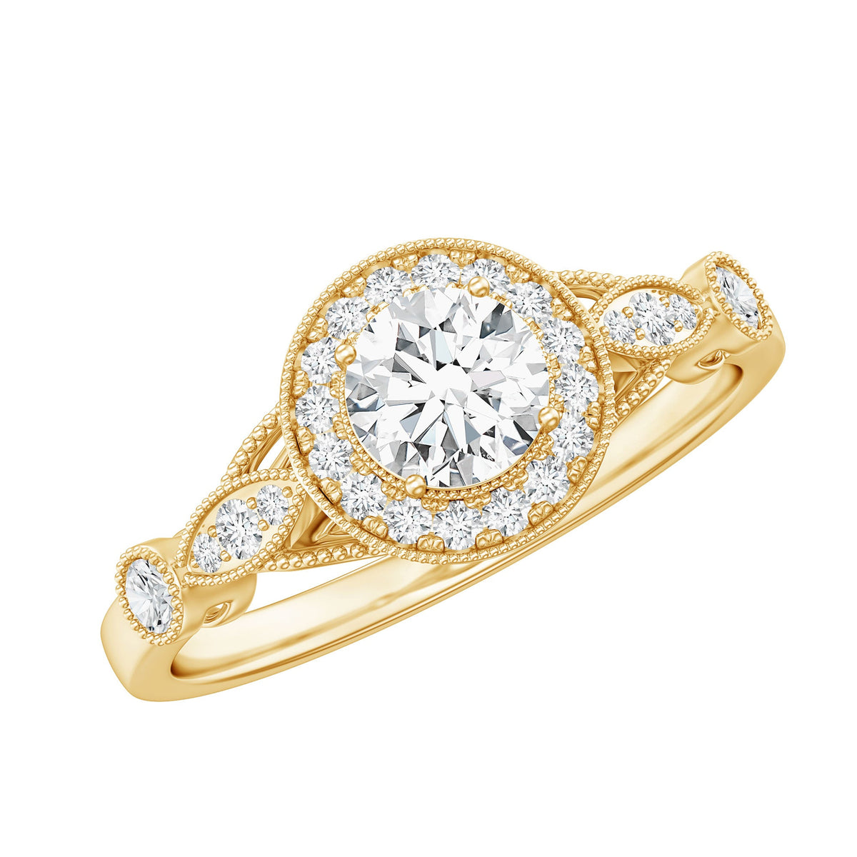Round cut moissanite antique engagement ring from Rosec Jewels featuring a vintage-inspired design and intricate metalwork.