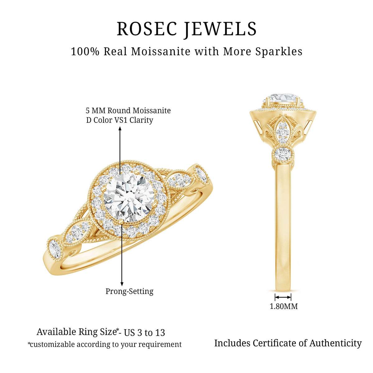 Round cut moissanite antique engagement ring featuring intricate design, set in a vintage style ring from Rosec Jewels.