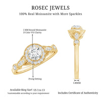 Round cut moissanite antique engagement ring featuring intricate design, set in a vintage style ring from Rosec Jewels.