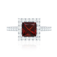 Natural Garnet Princess Cut Engagement Ring with Diamond Halo
