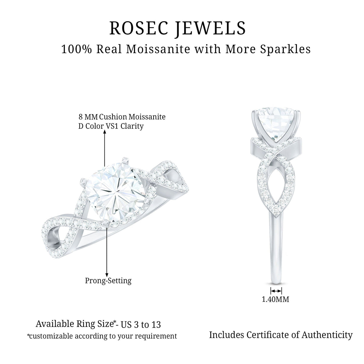 3 CT Cushion Cut Moissanite Solitaire Ring With Crossover Shank